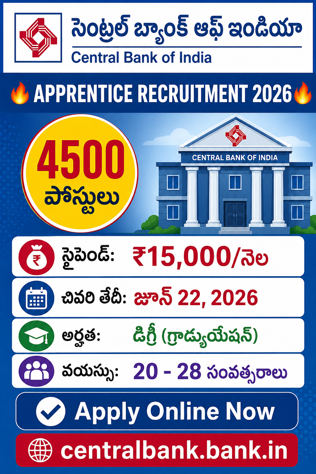 Central Bank of India Apprentice Recruitment 2026 🔥 4500 పోస్టులకు ఆన్లైన్ దరఖాస్తు ప్రారంభం