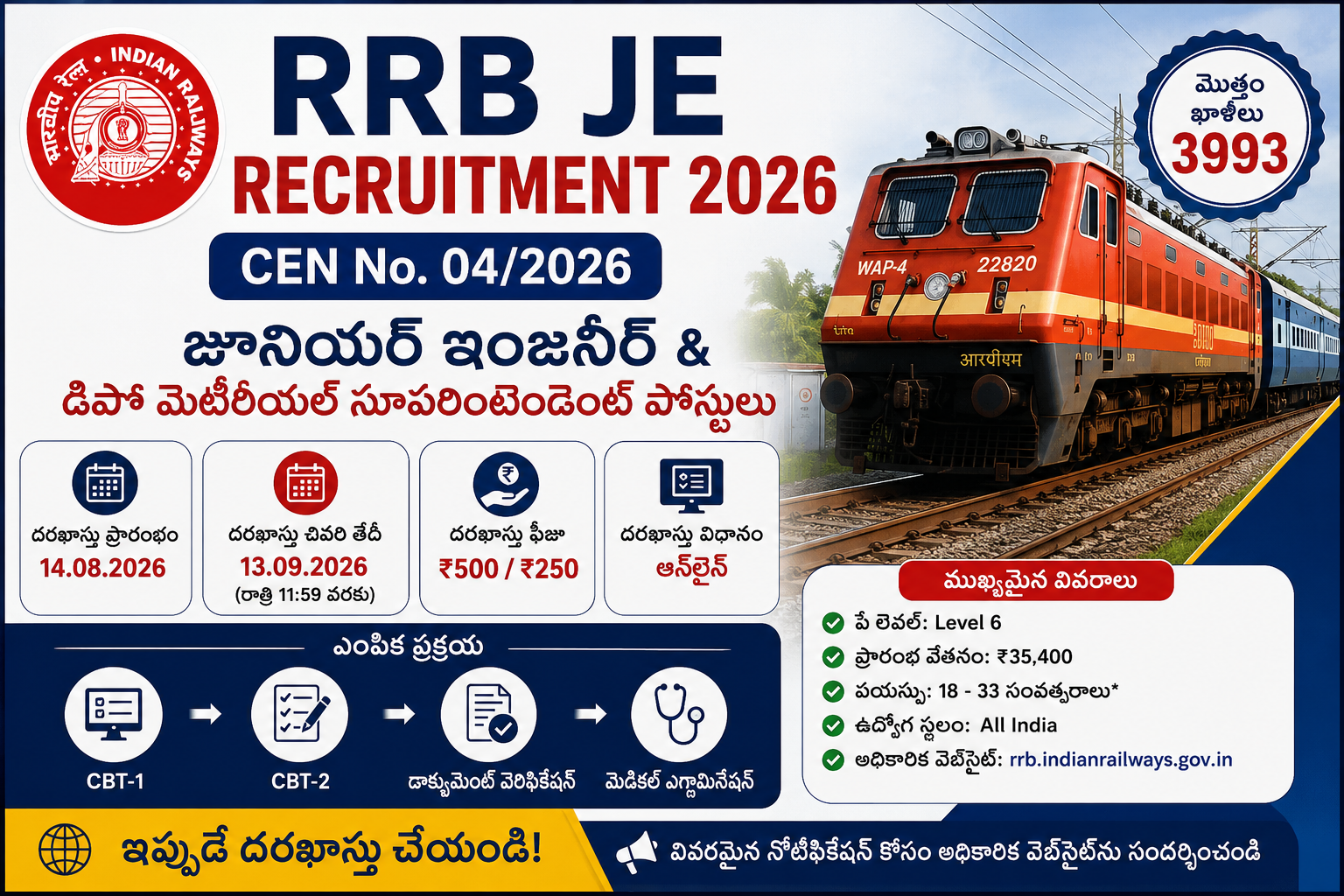 RRB JE Recruitment 2026 Apply Online for 3993 Posts